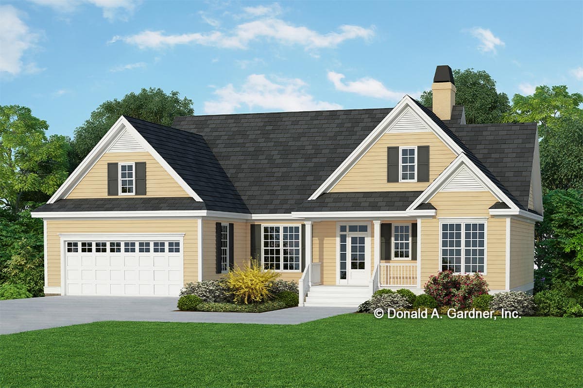 House plan exterior. Two-story, Craftsman-style home with a gable roof, front porch, and garage with carriage-style door.