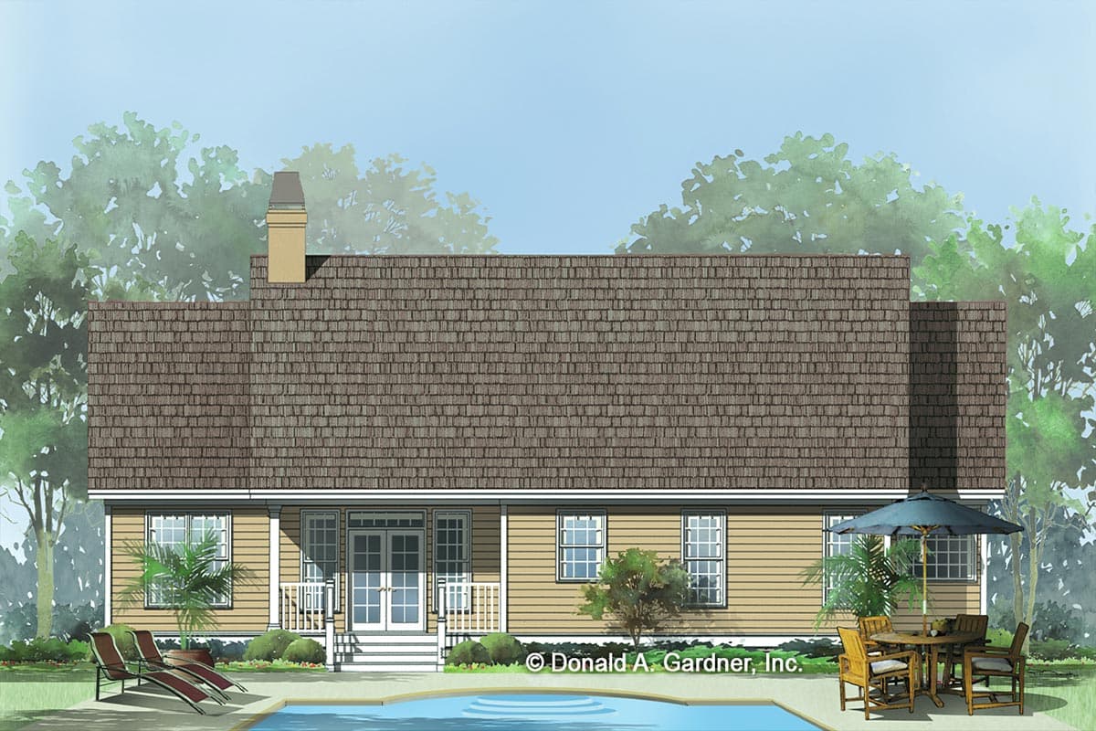 House plan exterior: One-story home with a large hip roof, central double doors, and a brick chimney.