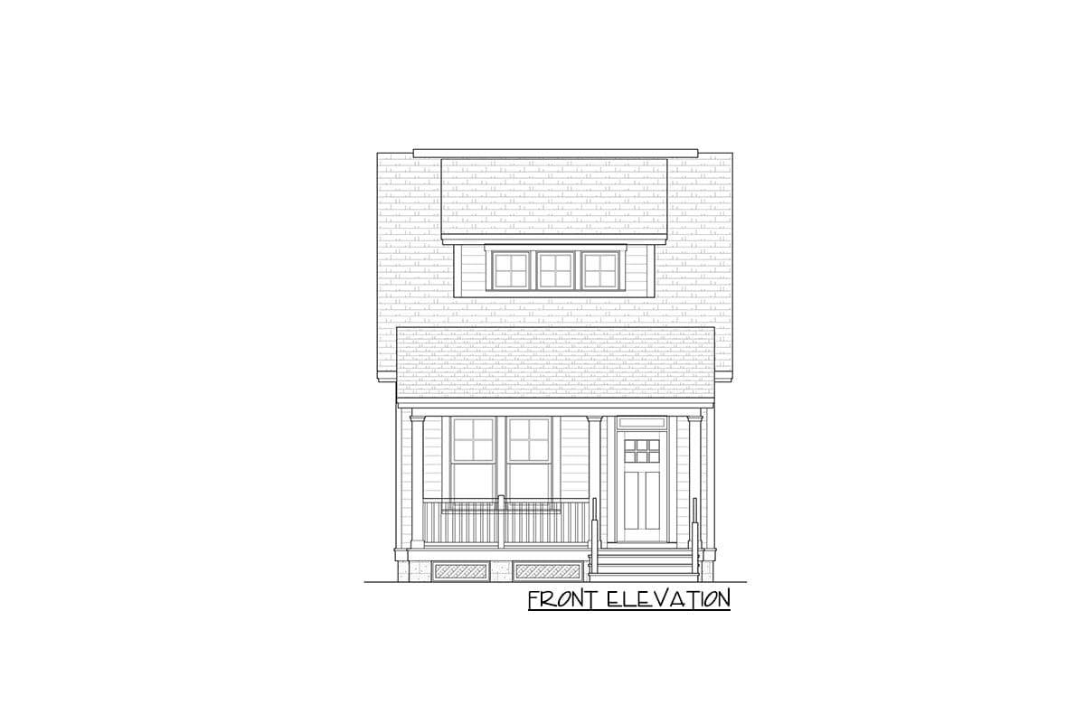 Front elevation drawing of a two-story house plan featuring a covered front porch with columns, a dormer window, and a central entry door.