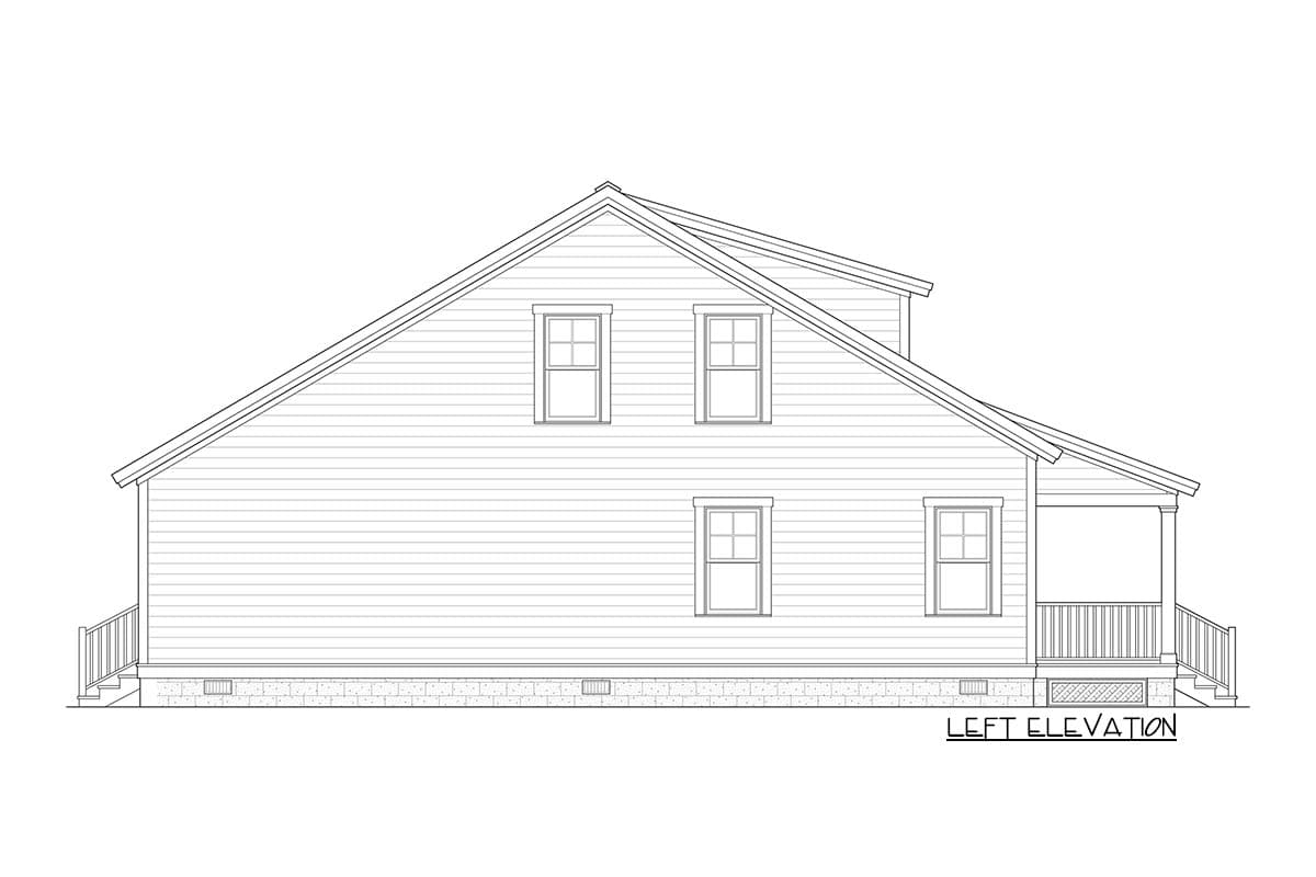 Left elevation drawing of a two-story house plan with dormer windows, clapboard siding, and a covered front porch.