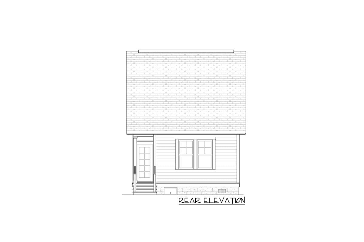 Rear elevation drawing of a house plan with a covered entryway and double-hung windows.