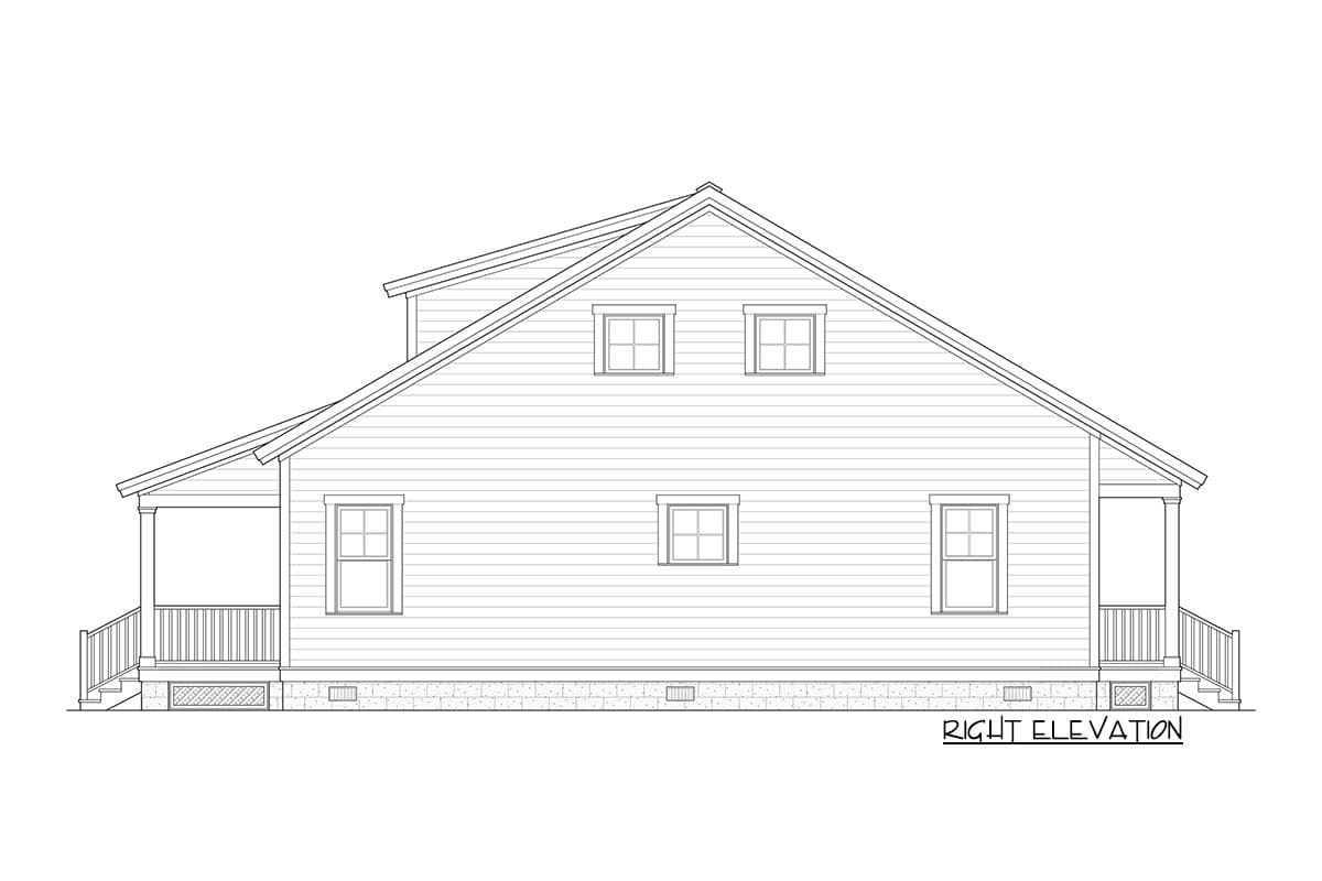 Right elevation house plan showing gabled roof, dormers, porch with railings, and horizontal siding.
