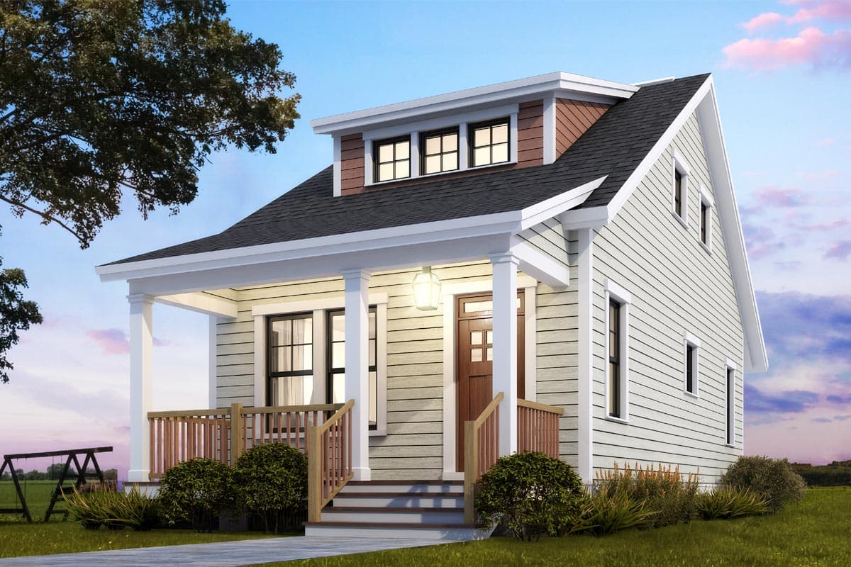 House plan exterior. Craftsman-style, two-story home with a front porch, gabled roof, and dormers above the front door.