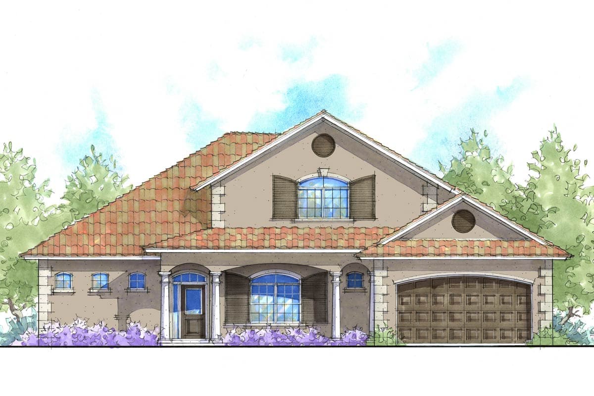 House plan exterior rendering of a two-story Mediterranean-style home with a tile roof, arched windows, and a two-car garage.