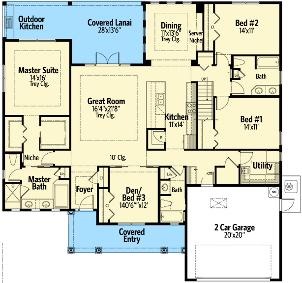 Plan 33134ZRX: One-Story Home Plan with Flex and Bonus Rooms - 2750 Sq Ft - Floor Plan - Main Level - Mediterranean