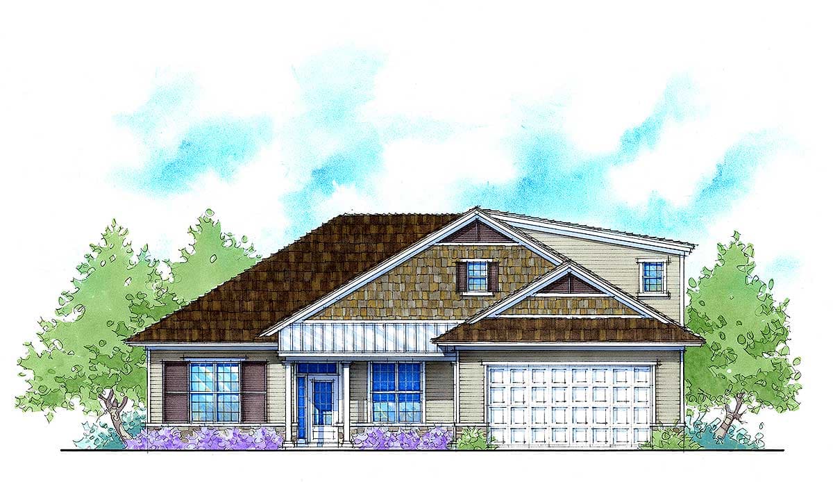 House plan exterior: Ranch style with a covered entry porch, prominent gables, shingle siding, and attached two-car garage.