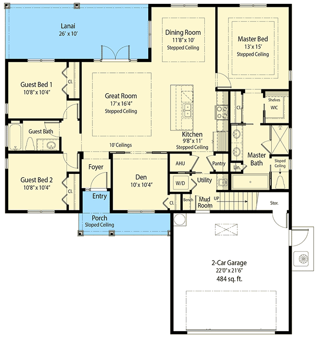 Plan 33135ZRX: 3-Bed Home Plan with Den and Bonus Expansion - 2049 Sq Ft - Floor Plan - Main Level - European, Northwest, Traditional