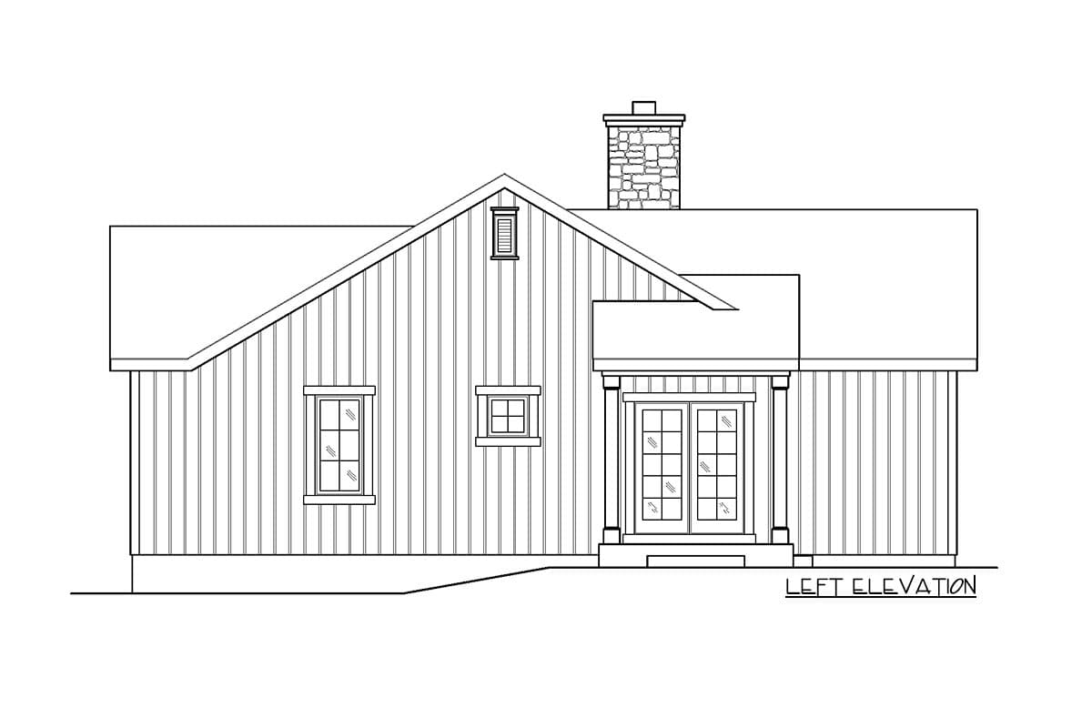 Left elevation house plan shows a gabled roof, stone chimney, double doors, and two windows.