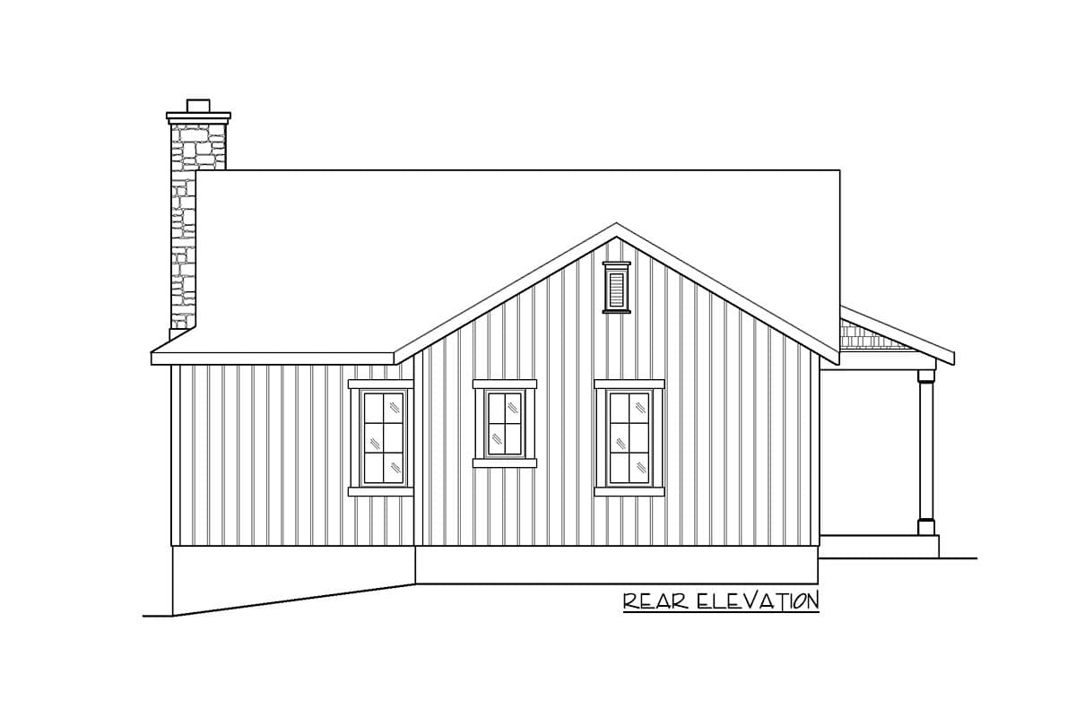 Rear elevation drawing of a house with vertical siding, a prominent stone chimney, three windows, and a covered porch.