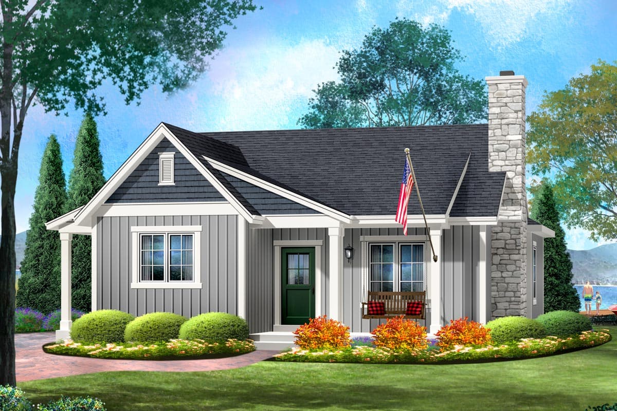 House plan exterior. One-story Cottage style with front porch, gable roof, and stone chimney. Features include vertical siding and an American flag.