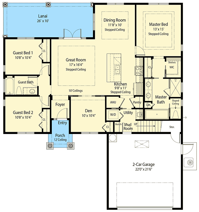 Plan 33137ZRX: One-Story House Plan with Bonus Room Expansion and Alternate Exteriors - 2049 Sq Ft - Floor Plan - Main Level - Florida-Style, Mediterranean, Southern