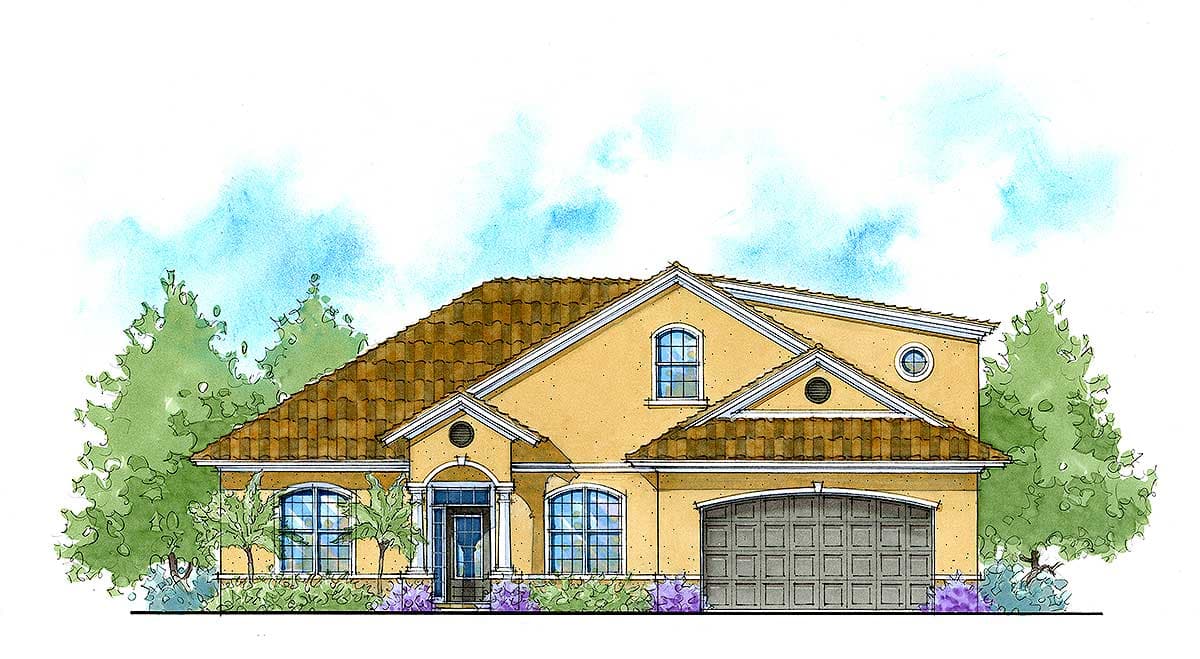 House plan exterior: One-story Mediterranean style with arched entry, tile roof, multiple gables, and side-entry garage.