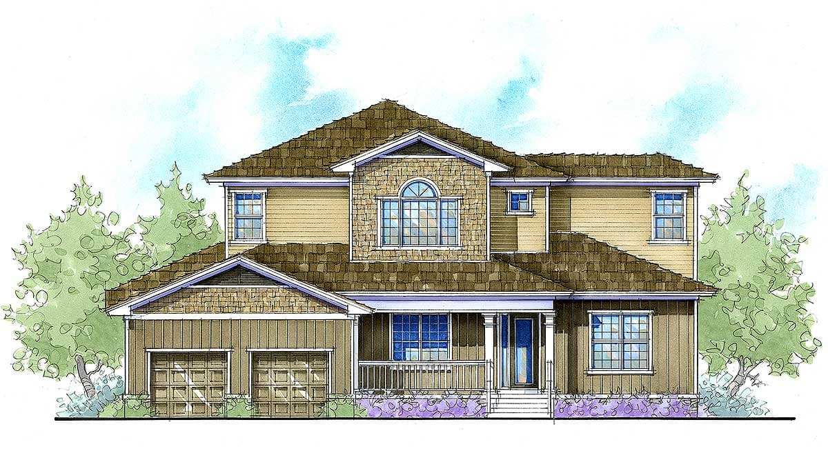 House plan exterior of a two-story home with a covered porch, prominent gable with arched window, and a two-car garage.