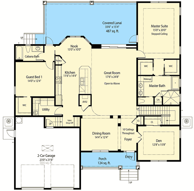Plan 33139ZRX: 2-Story 60-Foot Wide House Plan with 2 Beds Per Floor - 3225 Sq Ft - Floor Plan - Main Level - European