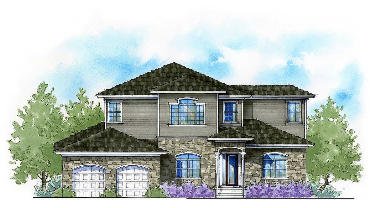 House plan exterior rendering: Two-story home with stone base, horizontal siding, multiple gables, and a two-car garage.