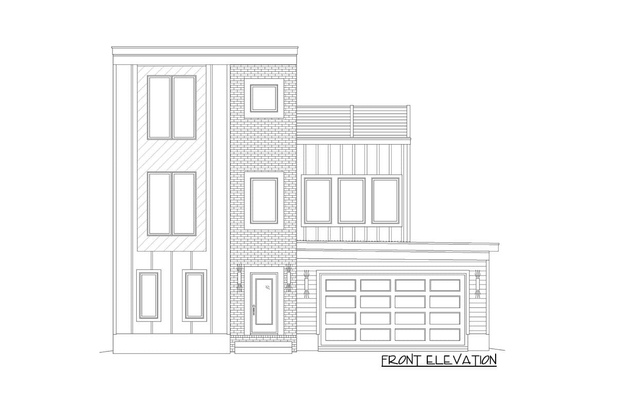 Front elevation drawing of a two-story house plan with a garage, mixed siding, and multiple window styles.