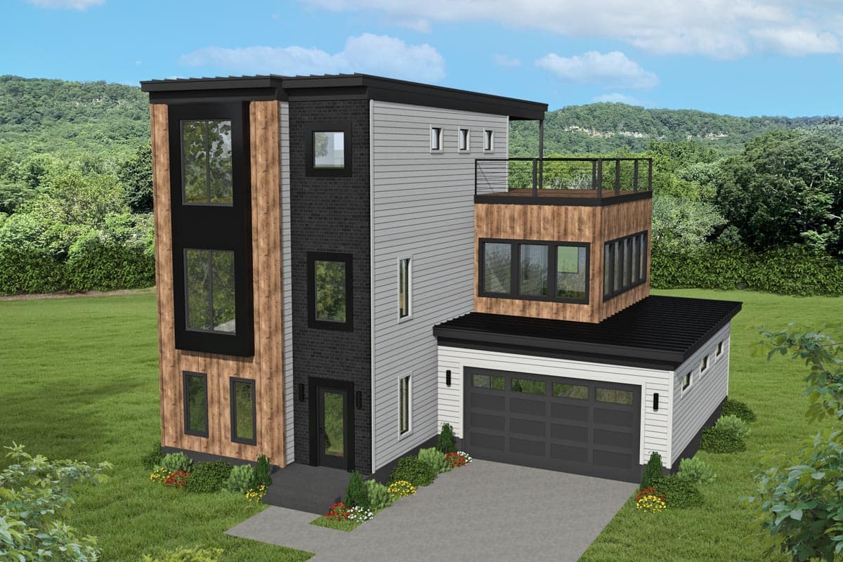 House plan exterior. Modern style, three-story design with a flat roof, balcony, and garage with a dark gray overhead door.