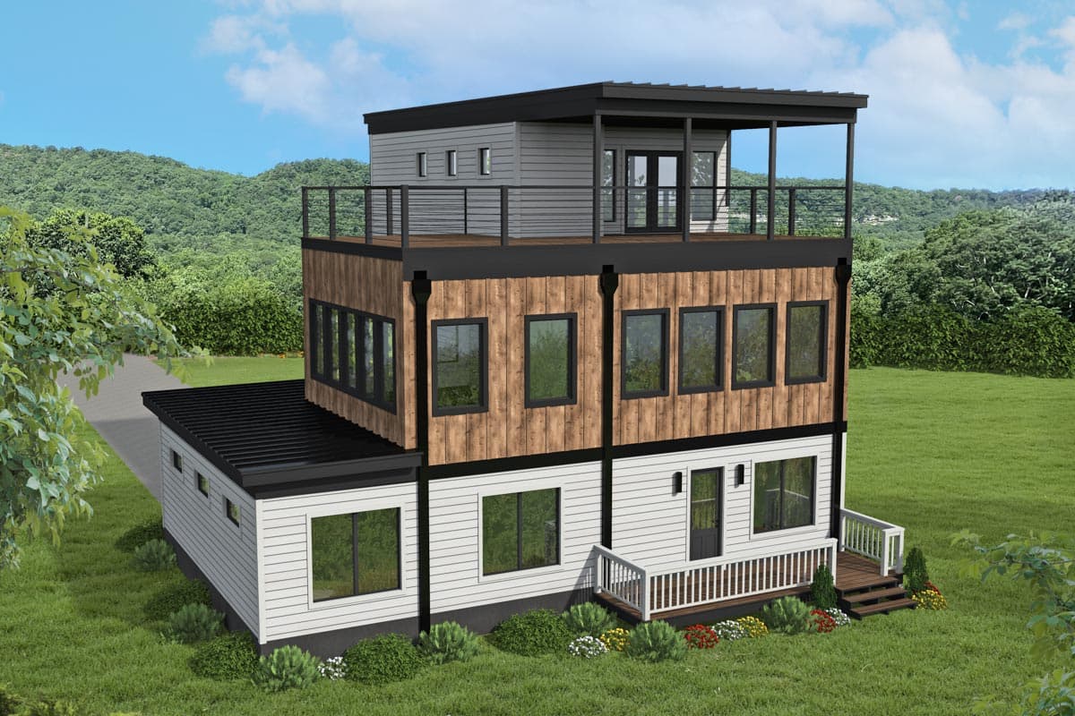 Modern house plan exterior, three stories, wood siding, multiple windows, and a rooftop deck with railing.
