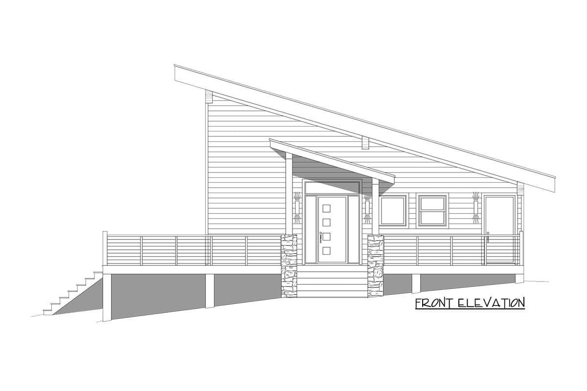 Front elevation drawing of a modern house plan with a sloping roof, covered porch, stone pillars, and horizontal siding.