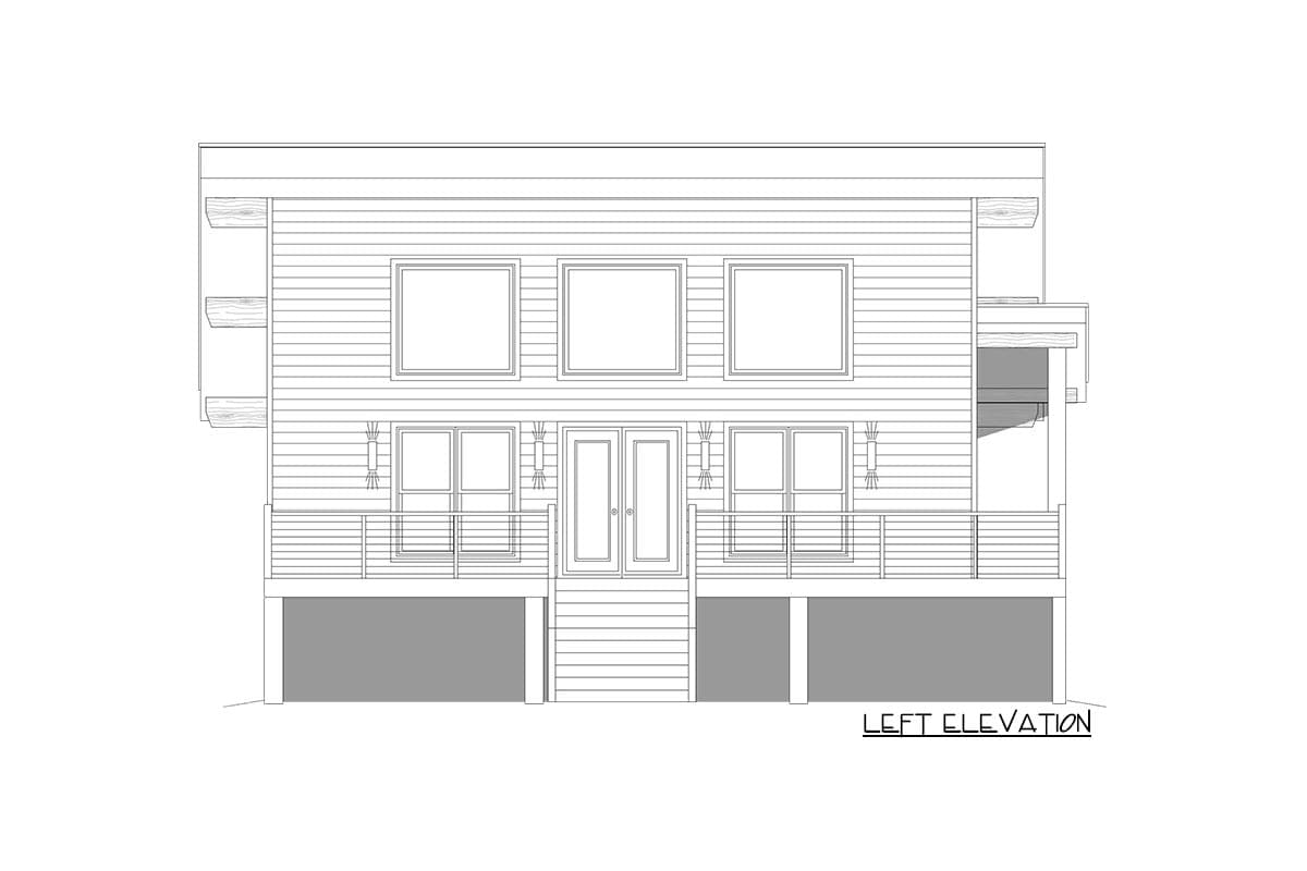 Left elevation drawing of a two-story house plan with horizontal siding, three upper windows, and a deck with railing.