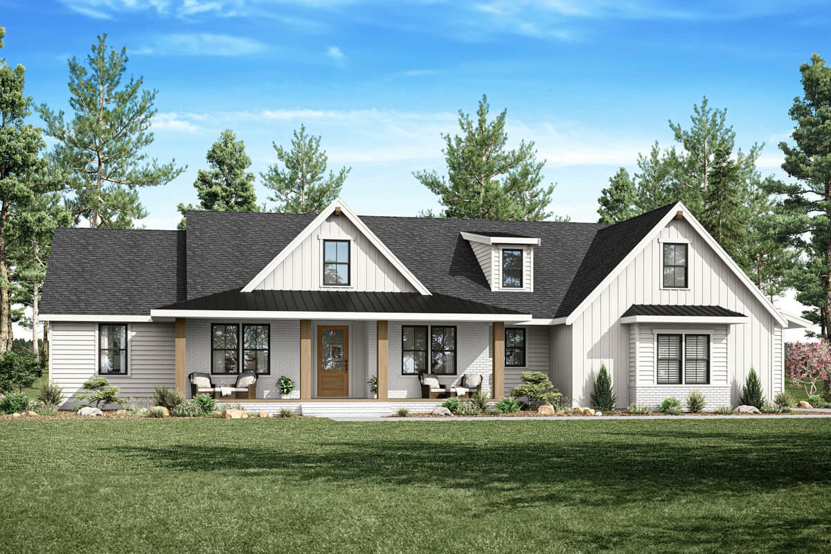 House plan exterior. Modern Farmhouse style, one-story home with covered porch, gables, and dormers. Features include board and batten siding.