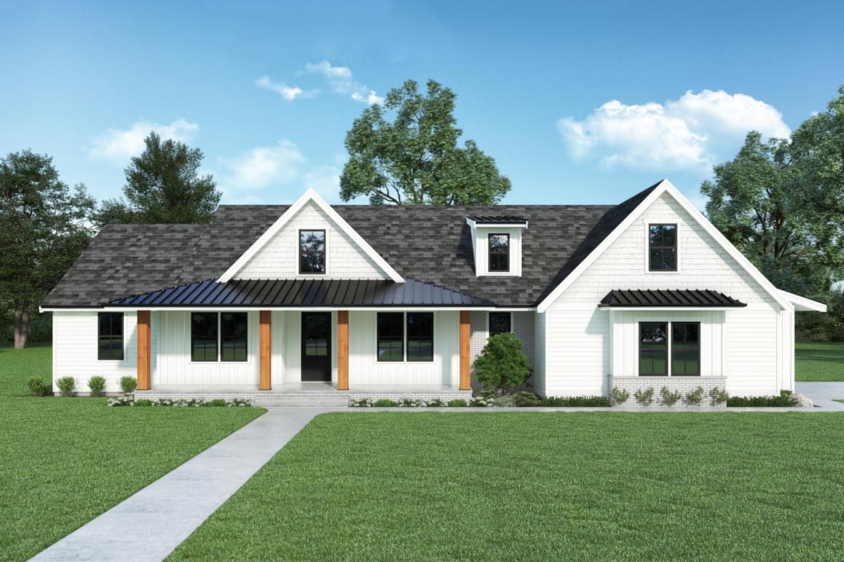Modern Farmhouse house plan exterior with a covered front porch, gables, and dormers.