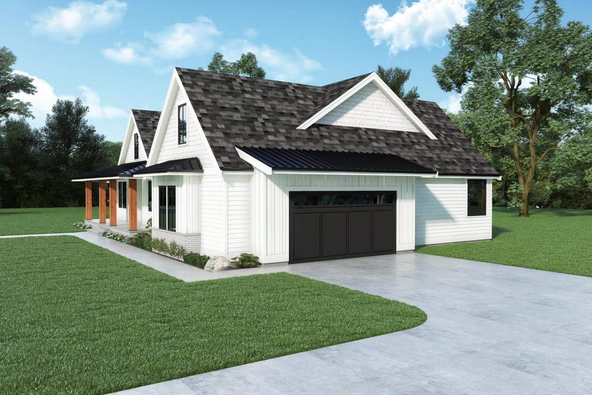 Modern Farmhouse house plan exterior with gables, covered entry with wood posts, and a two-car garage.