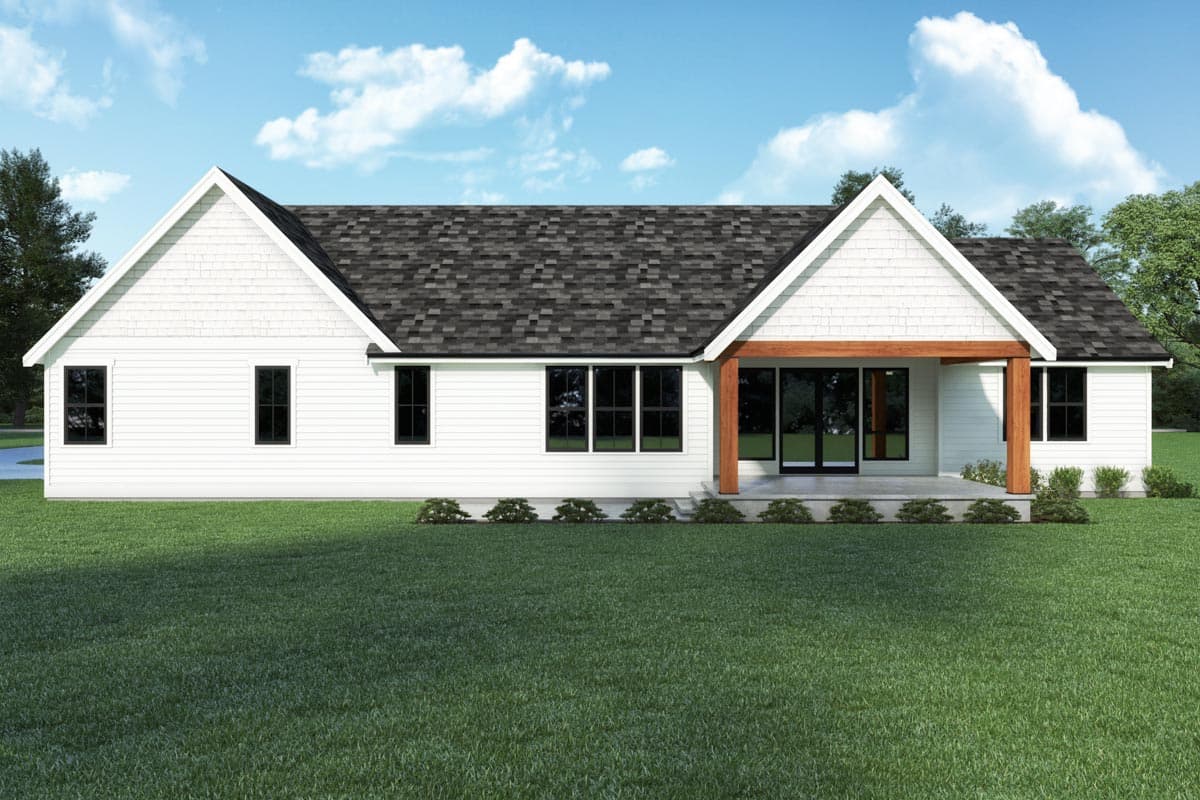 House plan exterior: one-story Modern Farmhouse with gabled roof, cedar shakes, large windows, and covered porch.