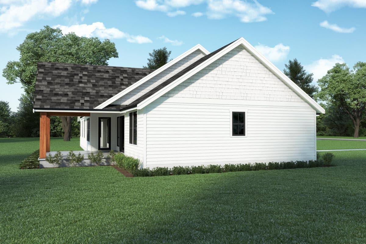 House plan exterior: Modern Farmhouse style, one story, with gabled roof, covered porch, and horizontal siding.