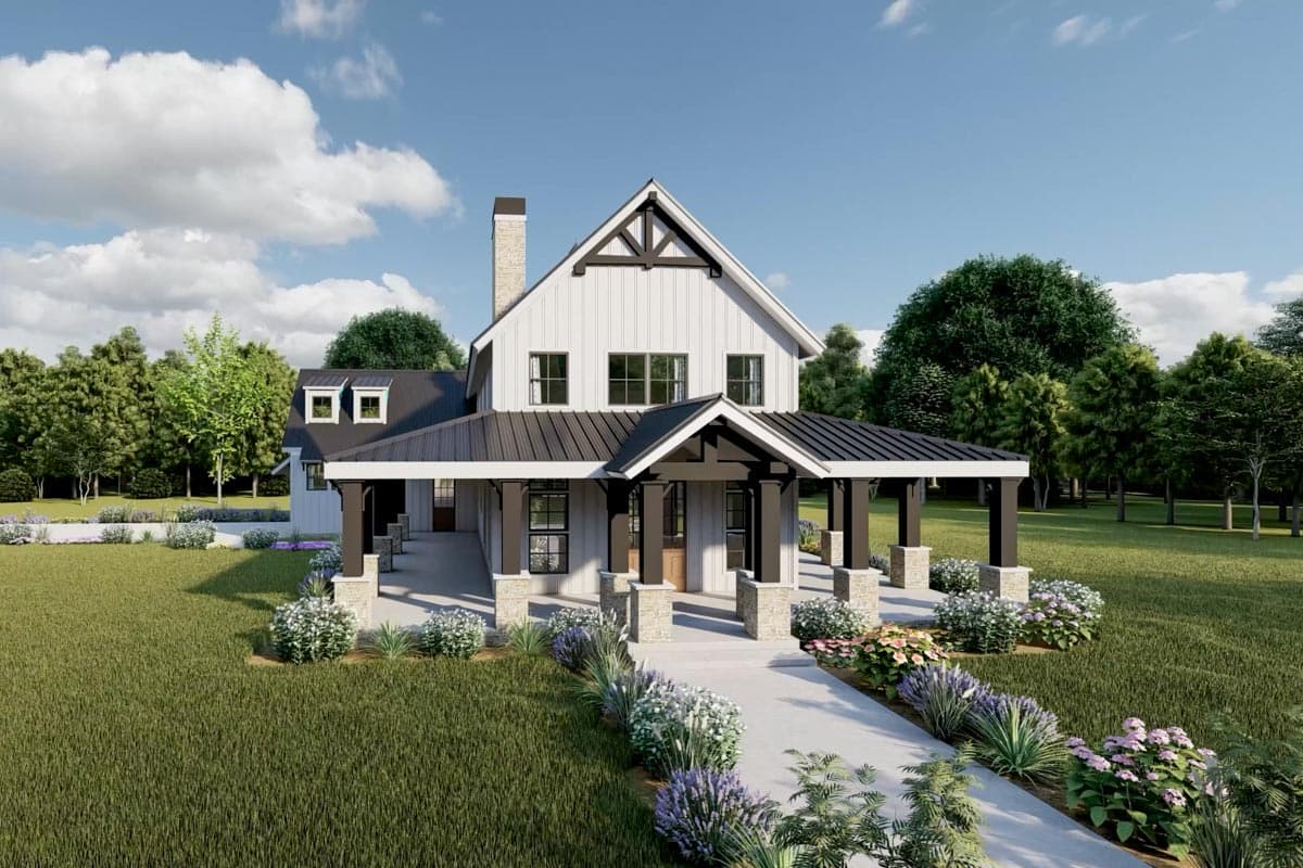 Modern Farmhouse house plan exterior with a wraparound porch, metal roof, and stone pillar accents.