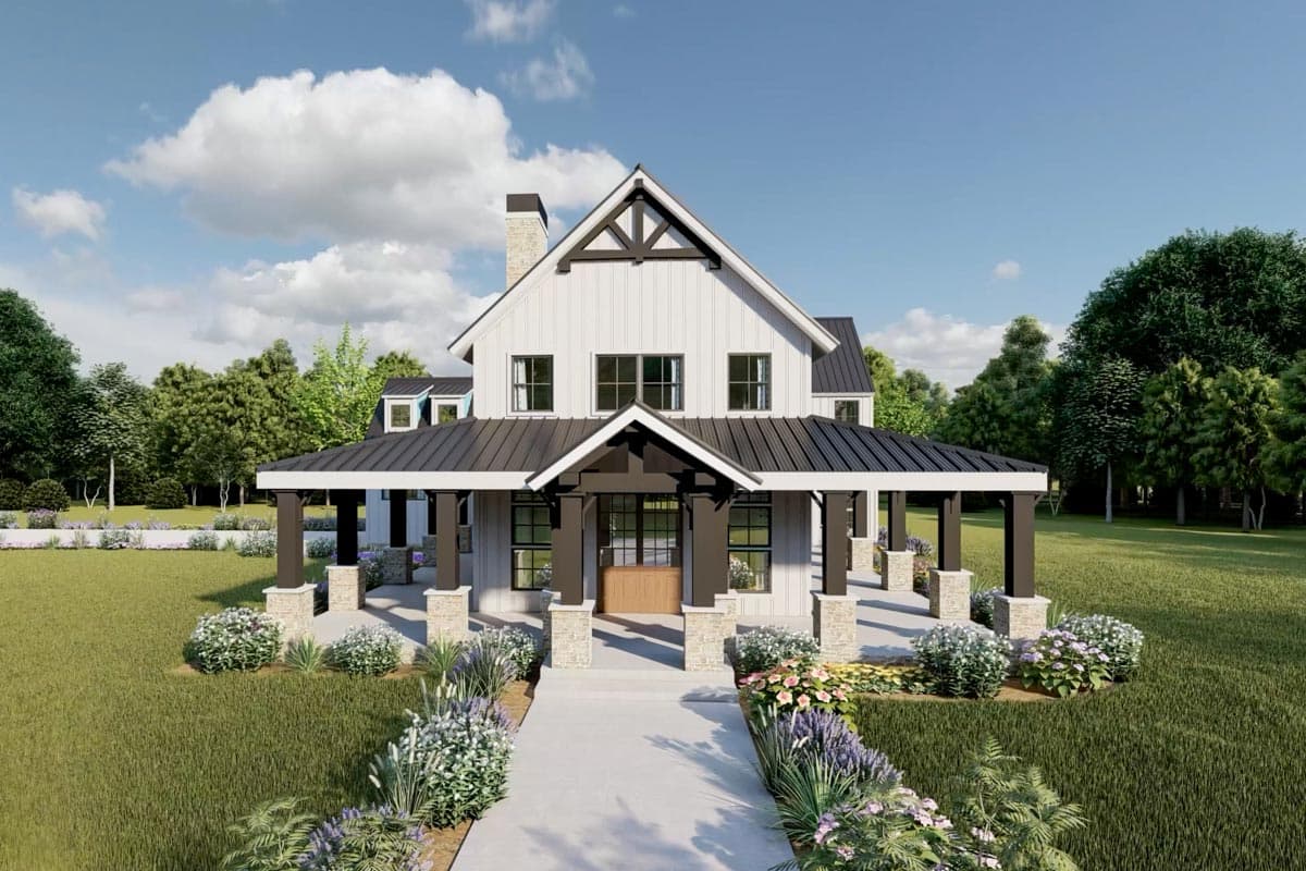 Plan 70718MK: Rustic Home Plan with Wraparound Porch and 2-Story Great Room with Loft Overlook - 3014 Sq Ft - Image #5 - Barndominium, Country, Farmhouse, Modern Farmhouse, Rustic, Transitional
