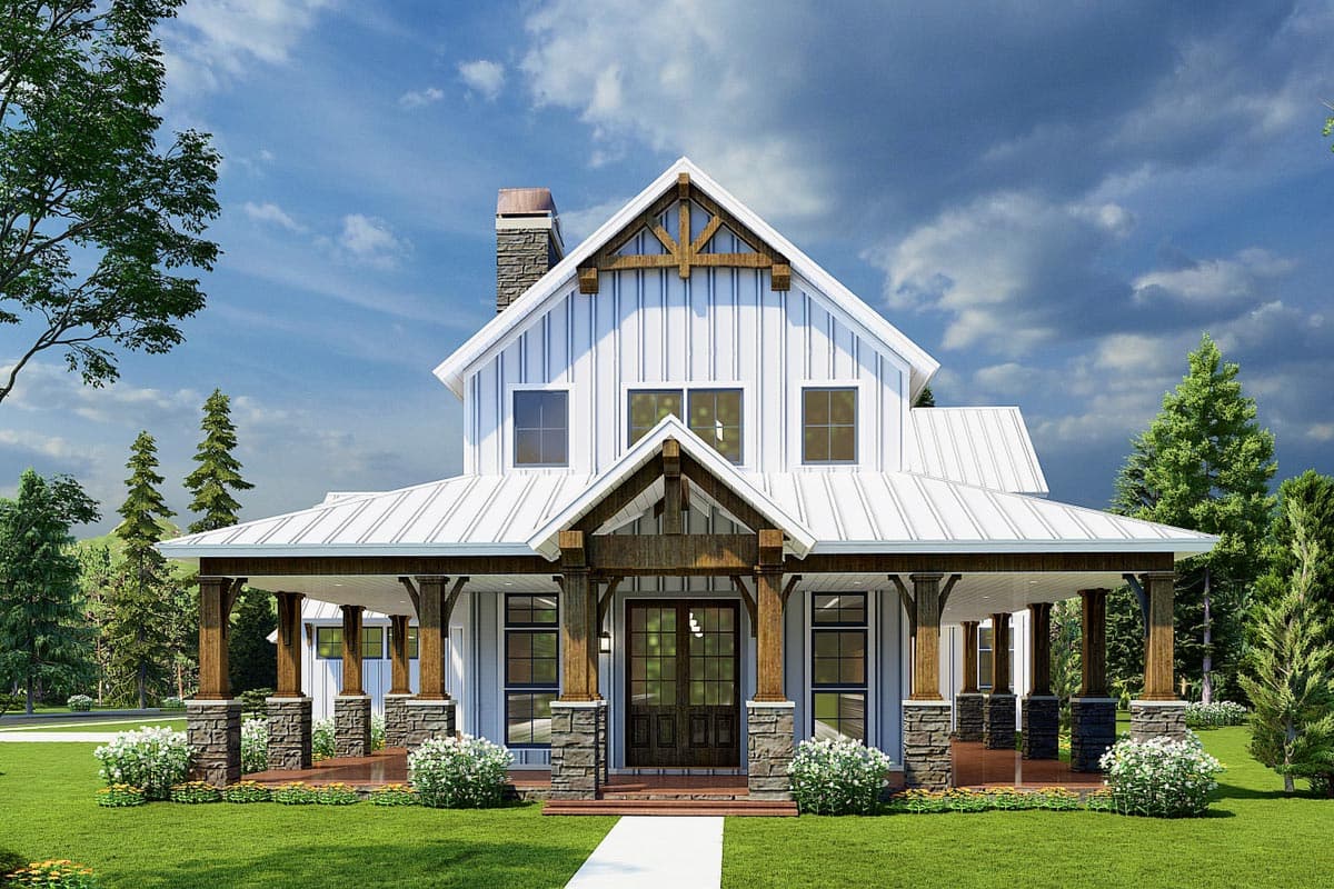 House plan exterior rendering. Modern Farmhouse style with two stories, gabled roof, a covered porch with pillars, and exposed rafter tails.