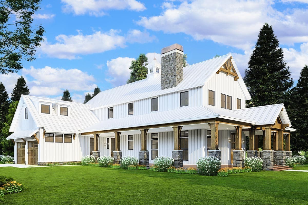 Modern Farmhouse house plan exterior with a wraparound porch, stone chimney, metal roof, and a side-entry garage.