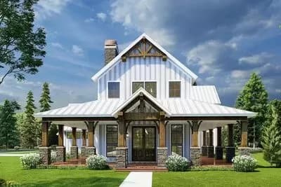 Rustic Home Plan with Wraparound Porch and 2-Story Great Room with Loft Overlook - 3014 Sq Ft