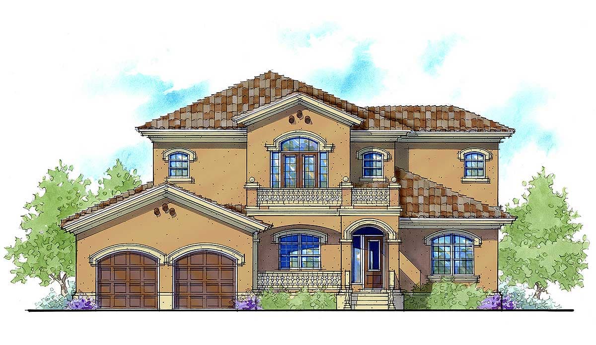 House plan exterior of a two-story Mediterranean style home with a tiled roof, arched windows, balcony, and a three-car garage.