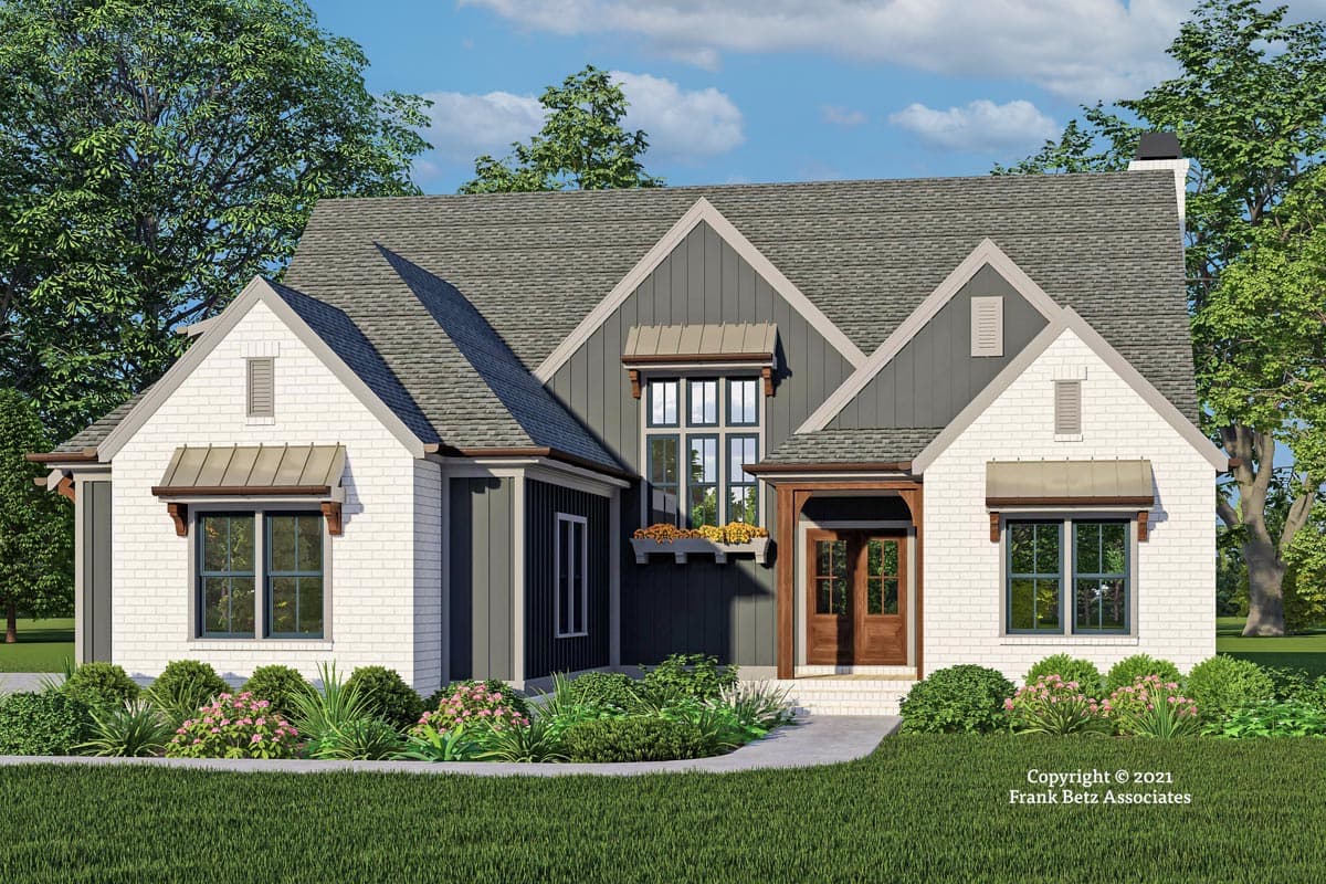 House plan exterior. Craftsman-style home with gables, brick exterior, and a covered front entry. Features include metal window awnings.