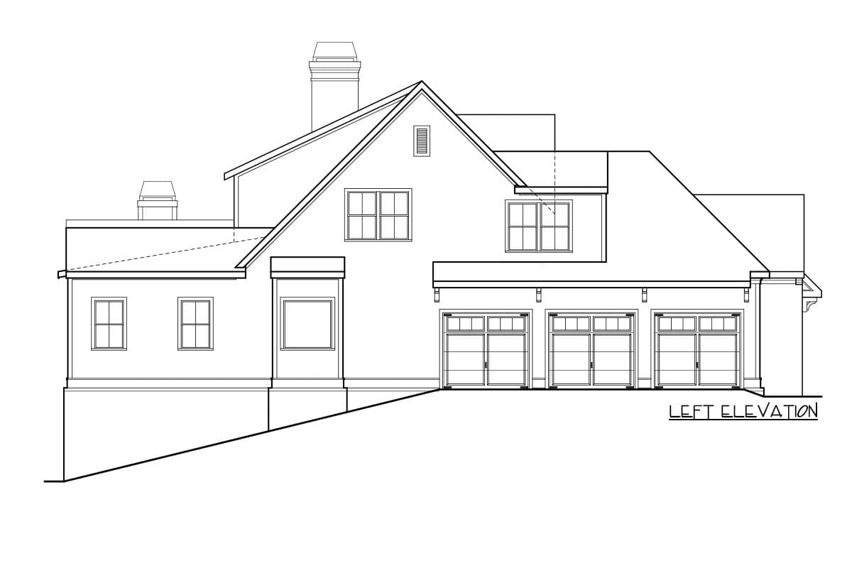 Left elevation house plan showing a multi-story structure with a prominent gable, multiple windows, and four garage doors.