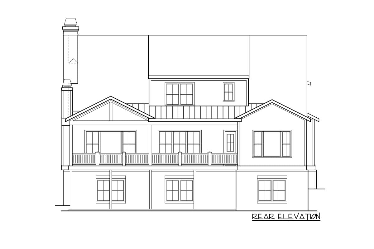 Rear elevation house plan with wraparound porch, multiple gables, and a prominent chimney.