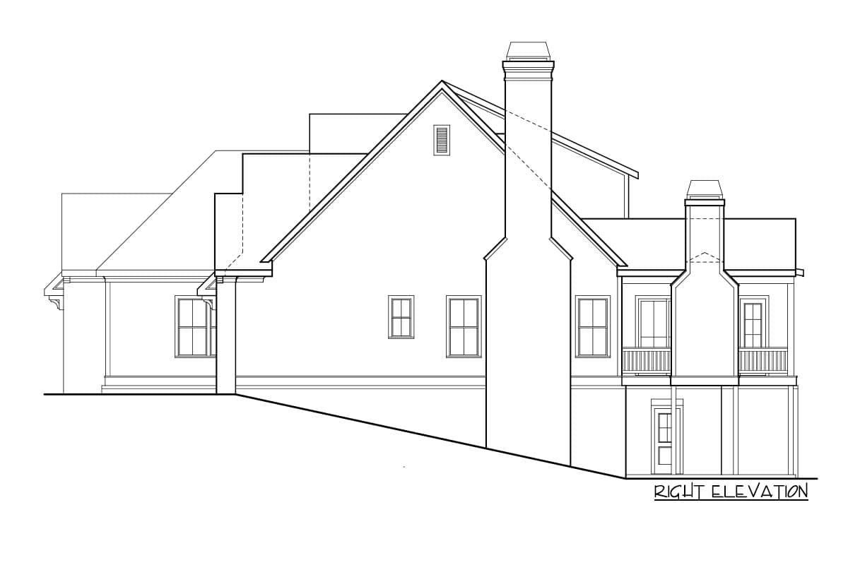 House plan right elevation showing multi-level rooflines, prominent chimneys, and various window styles.