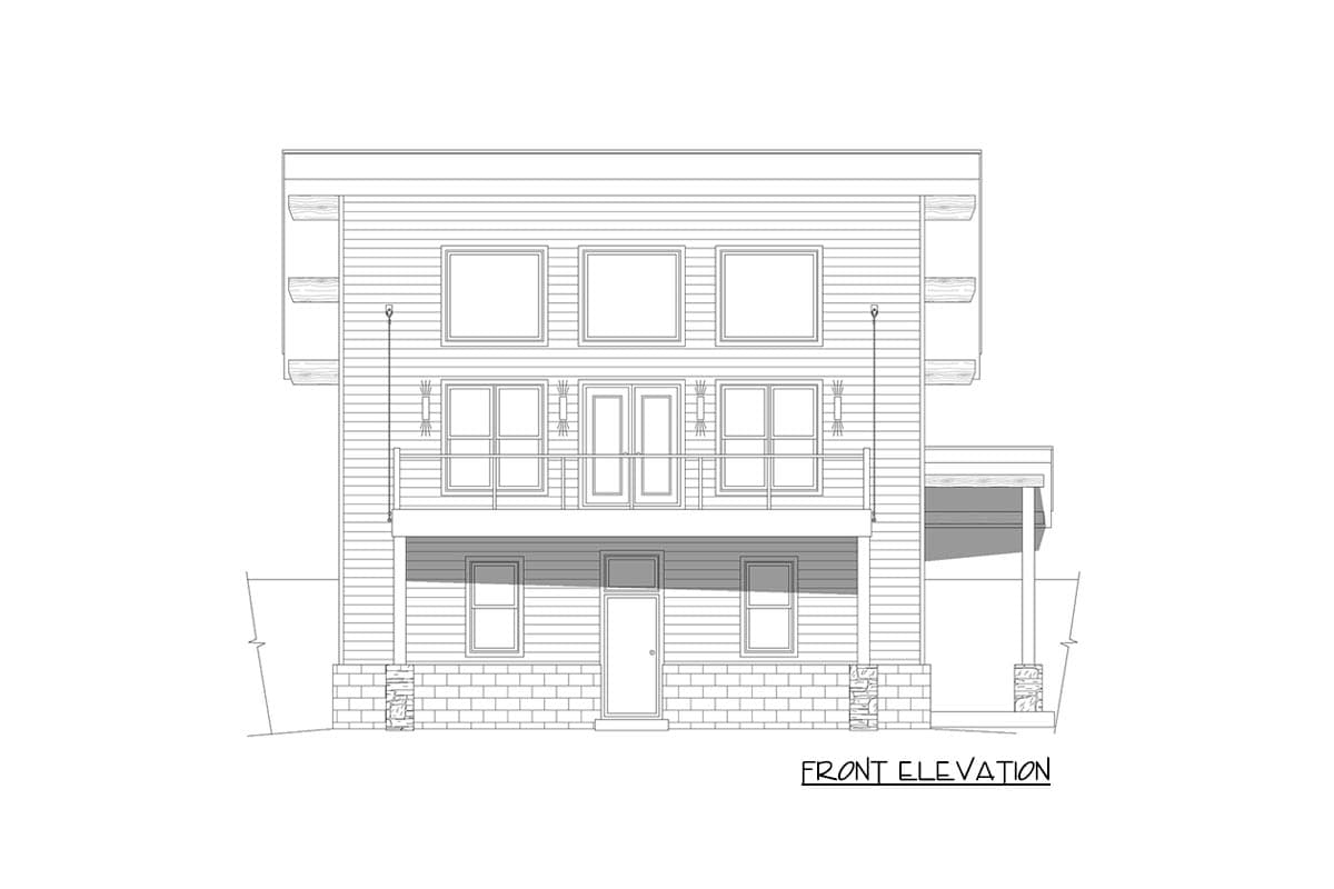 Front elevation drawing of a two-story house with horizontal siding, a second-story balcony, and stone accents.