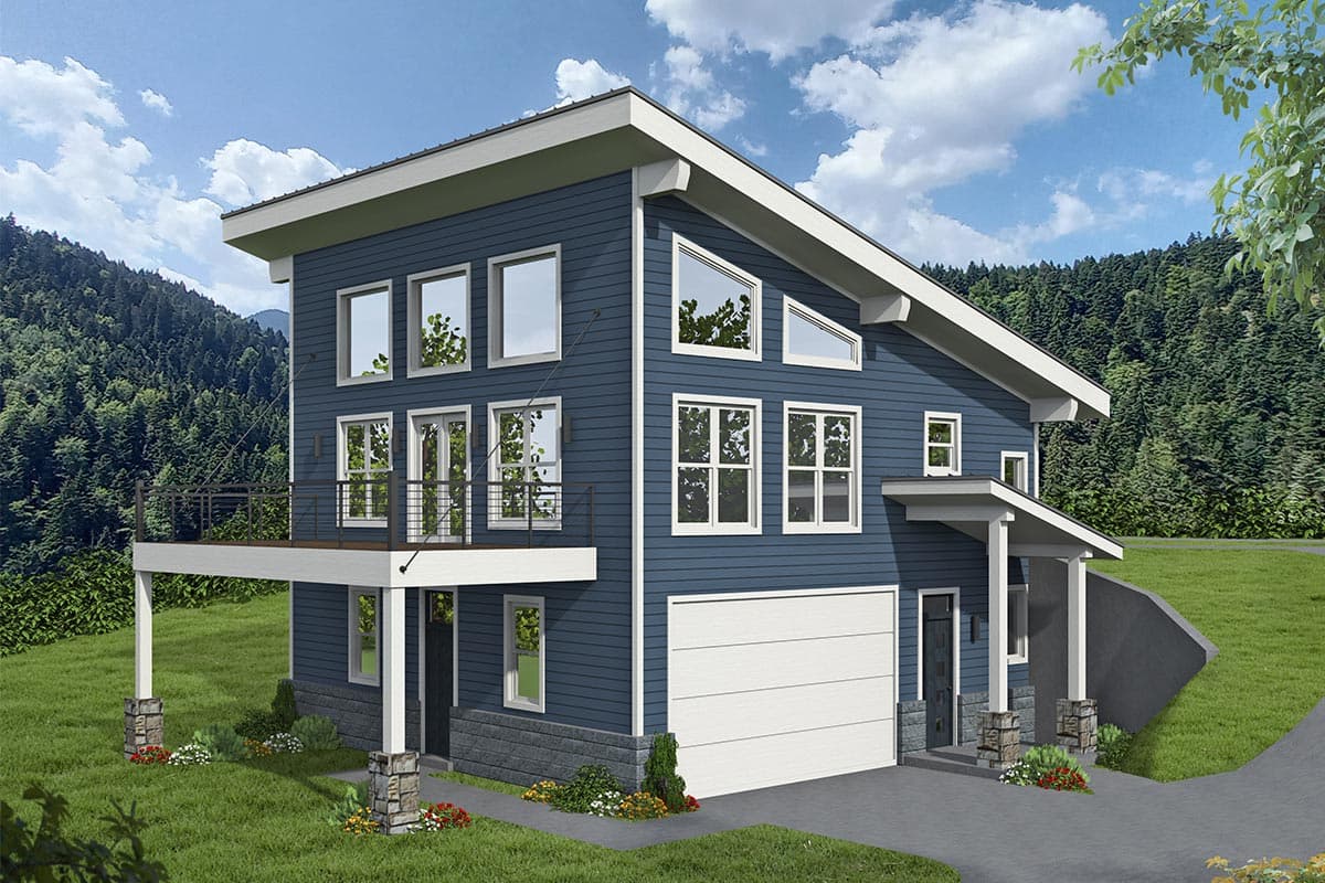 House plan exterior. Two-story modern house with a cantilevered deck, shed roof, and attached garage. Includes clerestory and triangular windows.