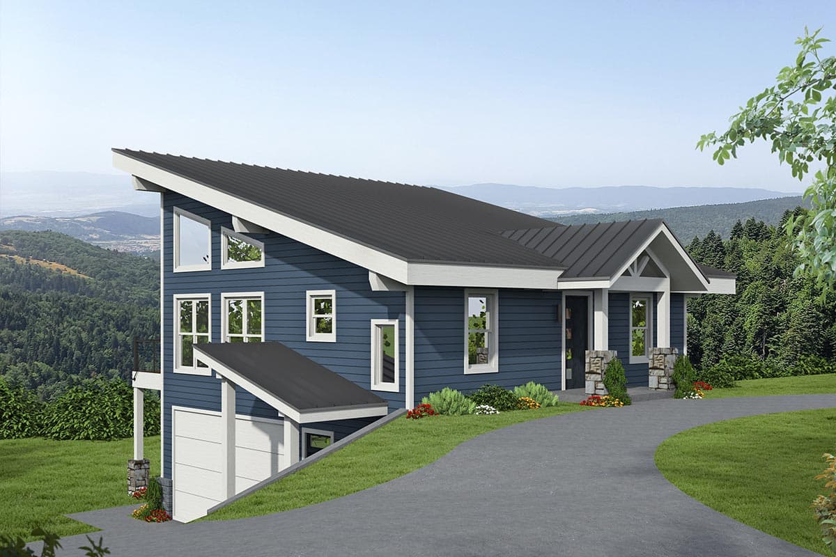 Modern house plan exterior with a sloped roof, multiple gables, stone accents, and a two-car garage on a sloped lot.