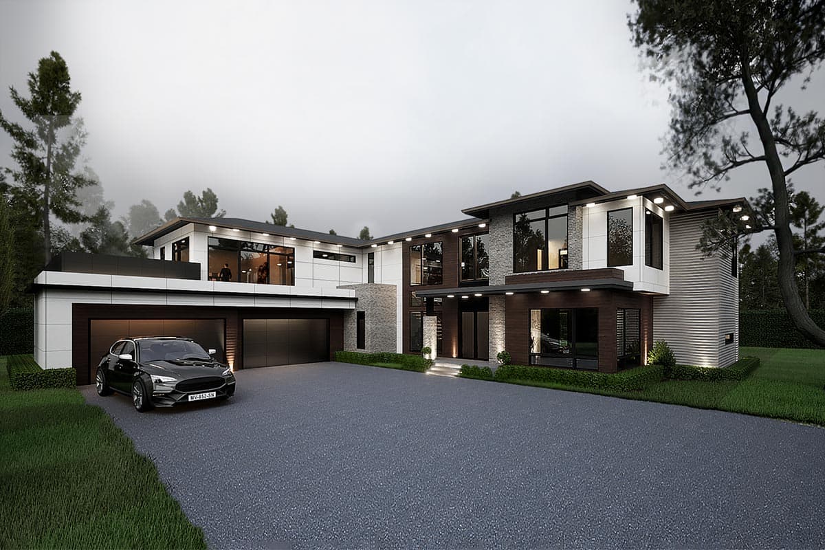 Modern two-story house plan exterior with a three-car garage, flat roof, stone accents, and large windows.