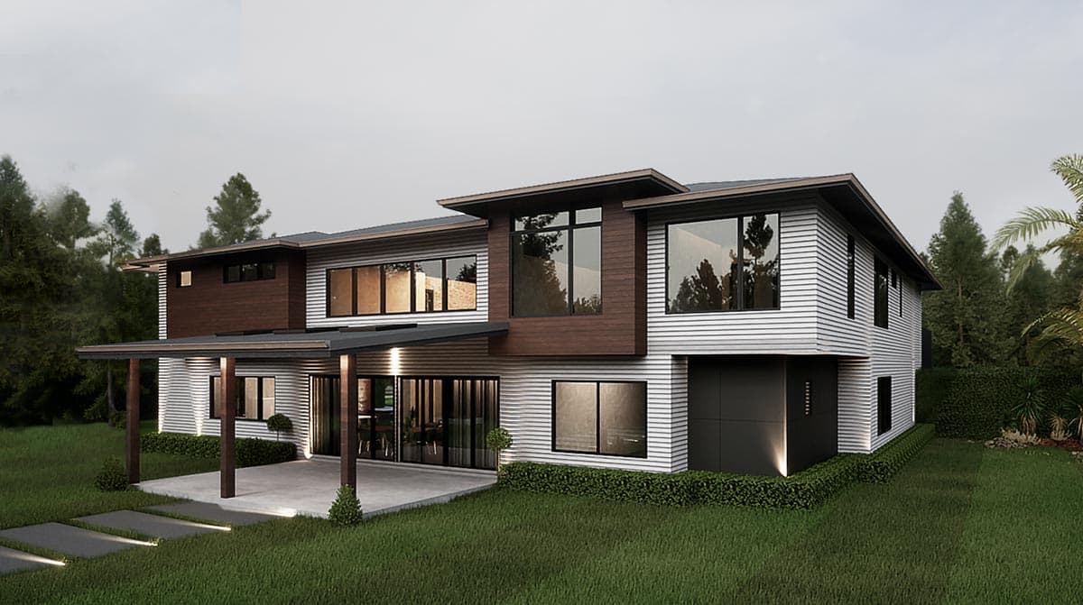 House plan exterior: Two-story modern home with horizontal siding, wood accents, large windows, covered patio, and integrated garage.