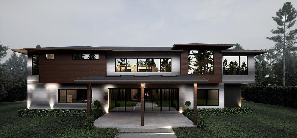 Modern two-story house plan exterior with horizontal siding, wood accents, large windows, and a covered patio.