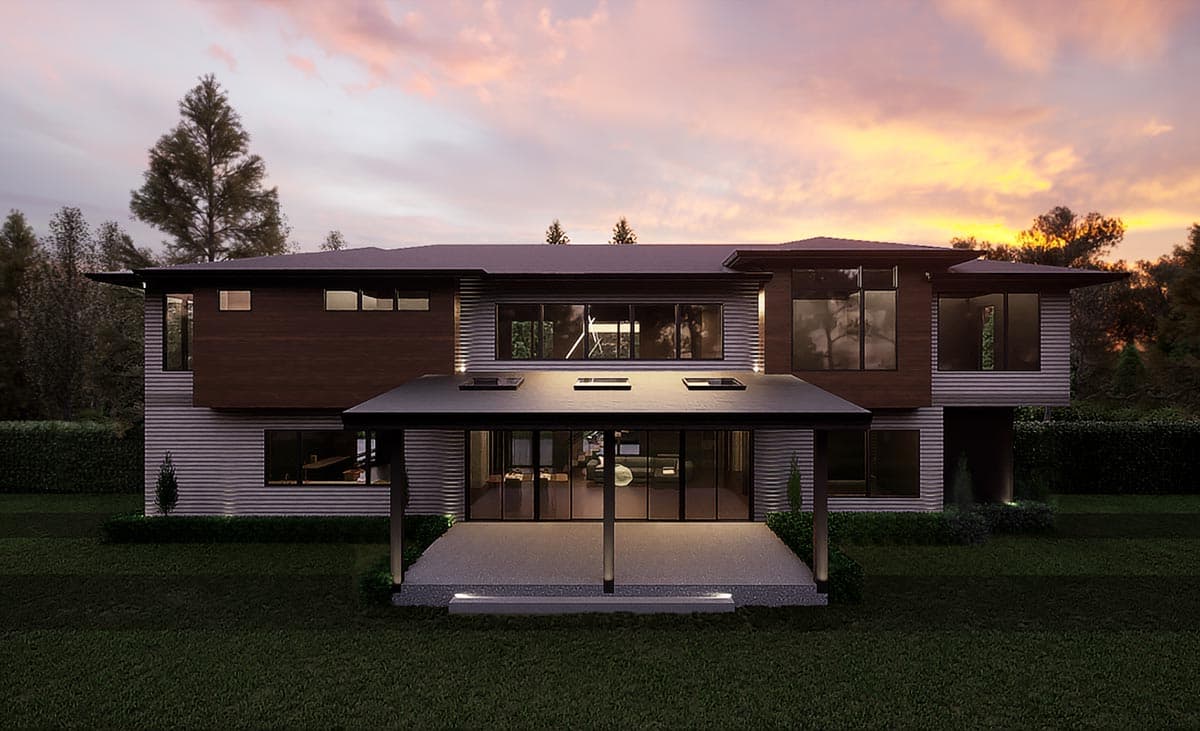 Modern two-story house plan exterior with wood siding, horizontal ribbed metal panels, and a covered patio with skylights.