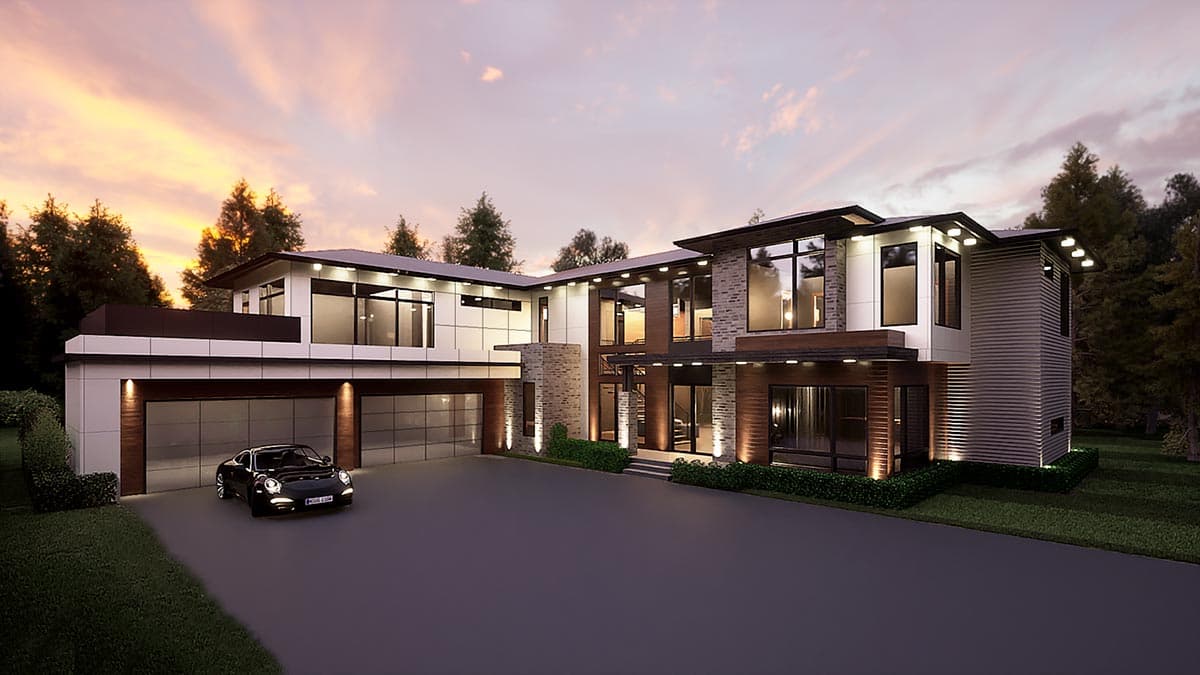 House plan exterior. Two-story modern home with a flat roof, prominent glass windows, stone and wood accents, and attached garage.