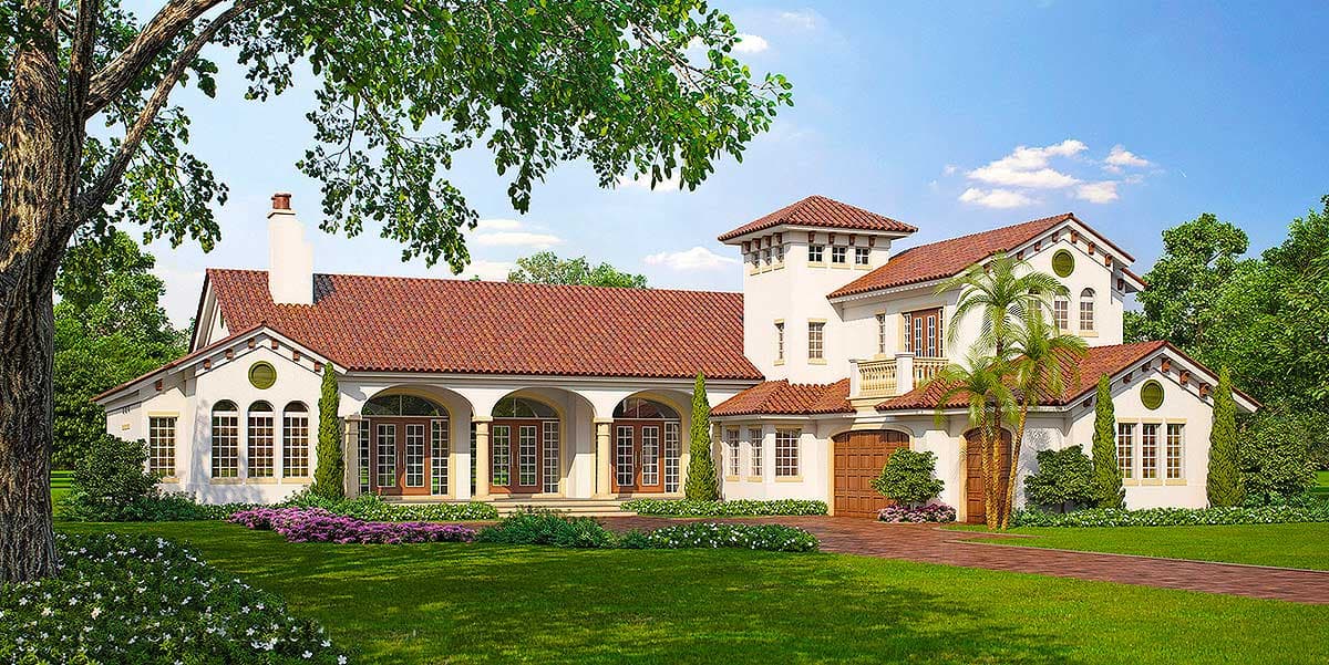 House plan exterior: Mediterranean style, two stories, arched loggia, tower, clay tile roof, stucco facade.