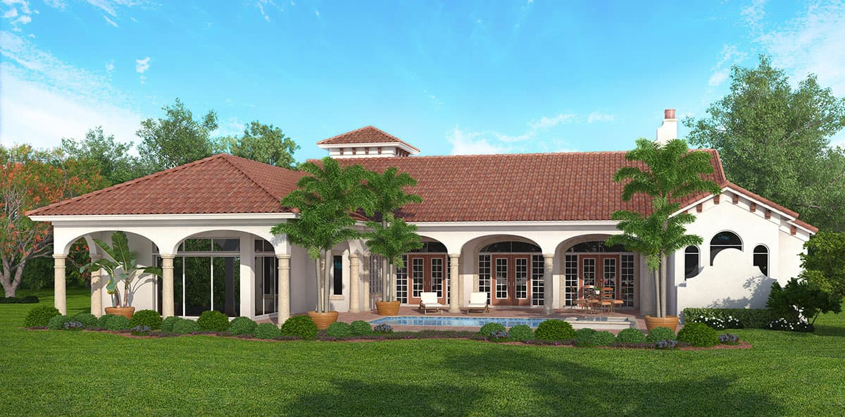 House plan exterior: Single-story Mediterranean style with clay tile roof, arched colonnades, and large glass doors opening to a pool.