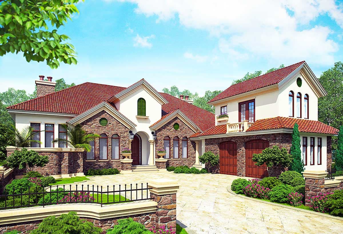House plan exterior: Two-story residence with stone accents, red tile roof, arched windows, and a double garage.